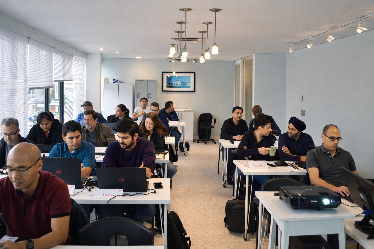 InnoTech College on-campus classroom with students working on laptops